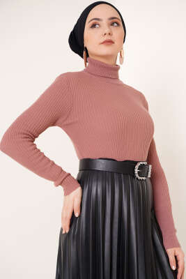 Pazarium - Fitilli Balıkçı Yaka Triko Kazak Gül Kurusu