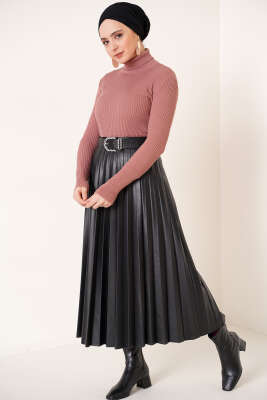 Fitilli Balıkçı Yaka Triko Kazak Gül Kurusu - Thumbnail