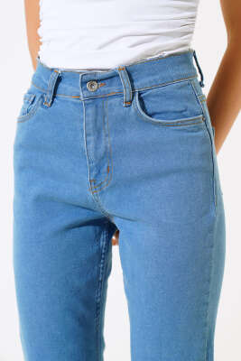 Bel Düğmeli Mom Friend Kot Pantolon Mavi - Thumbnail