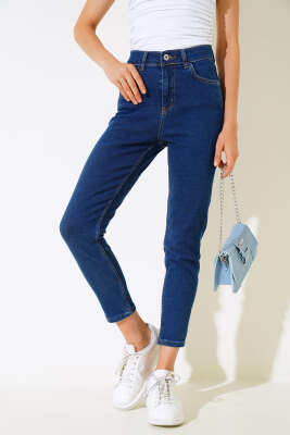 Bel Düğmeli Mom Friend Kot Pantolon Lacivert - Thumbnail