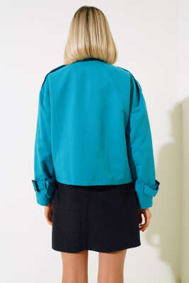 Fermuarlı Omuz Apoletli Kısa Ceket Petrol Yeşili - Thumbnail