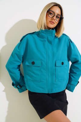 Fermuarlı Omuz Apoletli Kısa Ceket Petrol Yeşili - Thumbnail