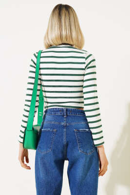 Çizgili Uzun Kol Crop Yeşil - Thumbnail