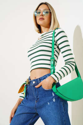 Çizgili Uzun Kol Crop Yeşil - Thumbnail