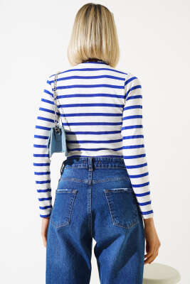 Çizgili Uzun Kol Crop Saks - Thumbnail