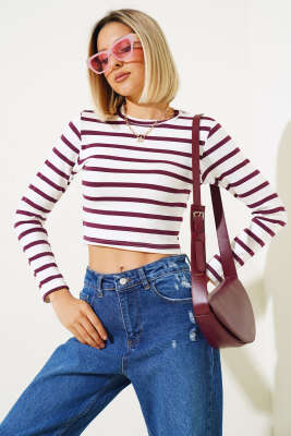 Çizgili Uzun Kol Crop Mürdüm - Thumbnail