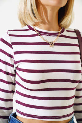 Çizgili Uzun Kol Crop Mürdüm - Thumbnail