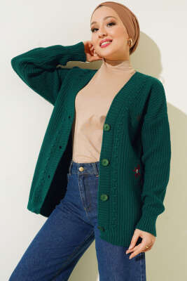 Nakış İşlemeli Düğmeli Triko Hırka Nefti - Thumbnail