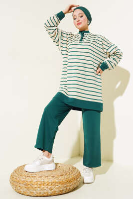 Yarım Çıtçıtlı Çizgili İkili Takım Zümrüt - Thumbnail