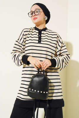 Yarım Çıtçıtlı Çizgili İkili Takım Siyah - Thumbnail