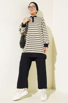 Yarım Çıtçıtlı Çizgili İkili Takım Siyah - Thumbnail