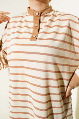 Yarım Çıtçıtlı Çizgili İkili Takım Latte - Thumbnail