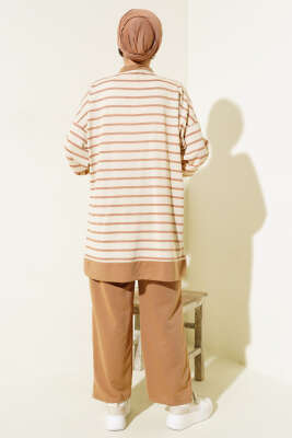 Yarım Çıtçıtlı Çizgili İkili Takım Latte - Thumbnail