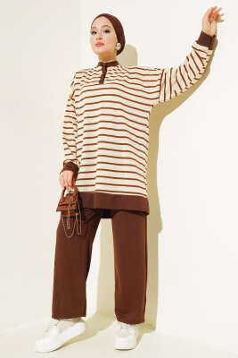 Yarım Çıtçıtlı Çizgili İkili Takım Kahve - Thumbnail