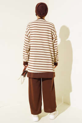 Yarım Çıtçıtlı Çizgili İkili Takım Kahve - Thumbnail