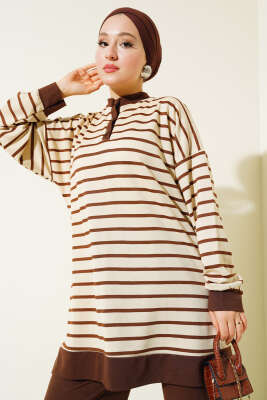 Yarım Çıtçıtlı Çizgili İkili Takım Kahve - Thumbnail