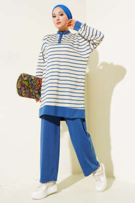 Yarım Çıtçıtlı Çizgili İkili Takım İndigo - Thumbnail
