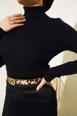 Fitilli Balıkçı Yaka Triko Kazak Siyah - Thumbnail