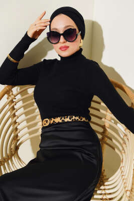 Pazarium - Fitilli Balıkçı Yaka Triko Kazak Siyah