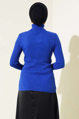 Fitilli Balıkçı Yaka Triko Kazak Saks - Thumbnail