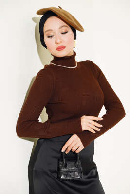 Pazarium - Fitilli Balıkçı Yaka Triko Kazak Kahve