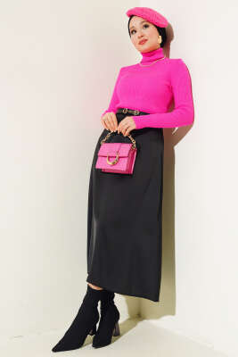 Fitilli Balıkçı Yaka Triko Kazak Fuşya - Thumbnail