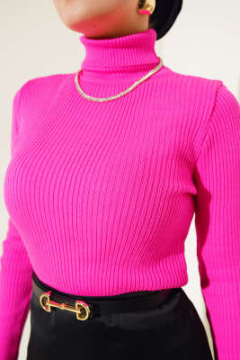 Fitilli Balıkçı Yaka Triko Kazak Fuşya - Thumbnail