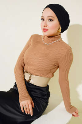 Pazarium - Fitilli Balıkçı Yaka Triko Kazak Büsküvi