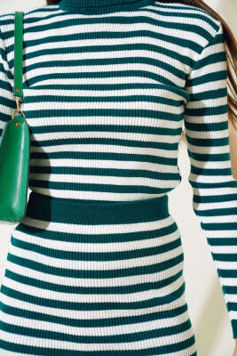 Çizgili Etekli Body Triko Takım Zümrüt - Thumbnail