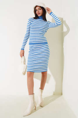 Çizgili Etekli Body Triko Takım İndigo - Thumbnail