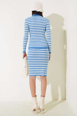 Çizgili Etekli Body Triko Takım İndigo - Thumbnail