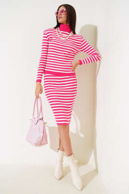 Çizgili Etekli Body Triko Takım Fuşya - Thumbnail