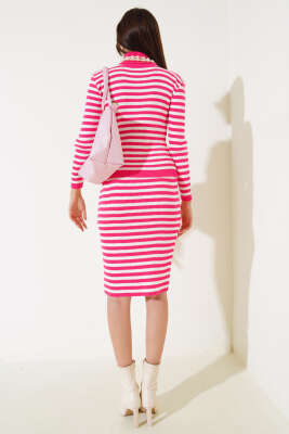 Çizgili Etekli Body Triko Takım Fuşya - Thumbnail