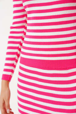 Çizgili Etekli Body Triko Takım Fuşya - Thumbnail