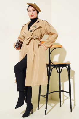 Yaka Taşlı Kuşaklı Trençkot Latte - Thumbnail
