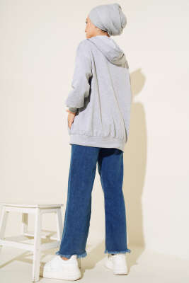 Kapüşonlu Fermuarlı Salaş Hırka Gri - Thumbnail