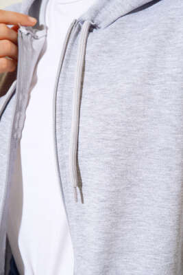 Kapüşonlu Fermuarlı Salaş Hırka Gri - Thumbnail