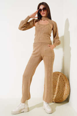 Kolluklu Triko Üçlü Takım Latte - Thumbnail