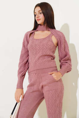 Kolluklu Triko Üçlü Takım Gül Kurusu - Thumbnail