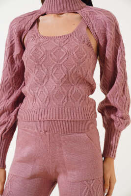 Kolluklu Triko Üçlü Takım Gül Kurusu - Thumbnail