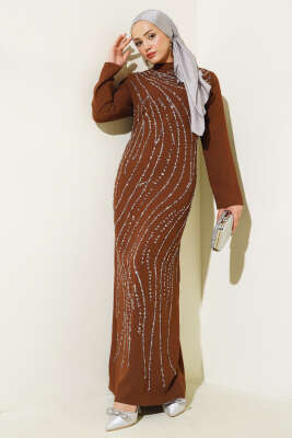 Pazarium - Taşlı Büyük Beden Abiye Elbise Taba