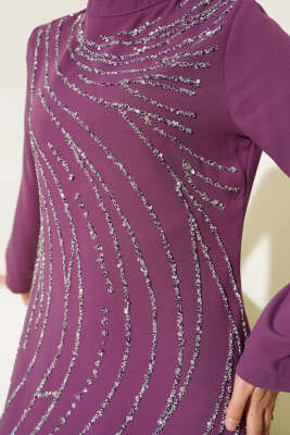 Taşlı Büyük Beden Abiye Elbise Magenta - Thumbnail