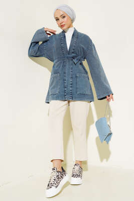 Cepli Kuşaklı Kot Ceket Kot - Thumbnail