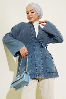 Cepli Kuşaklı Kot Ceket Kot - Thumbnail