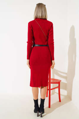 Fitilli Kemerli Triko Midi Elbise Kırmızı - Thumbnail