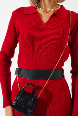 Fitilli Kemerli Triko Midi Elbise Kırmızı - Thumbnail