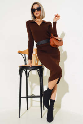 Fitilli Kemerli Triko Midi Elbise Kahve - Thumbnail