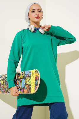 Pazarium - Yaka Taşlı İki İplik Tunik Yeşil