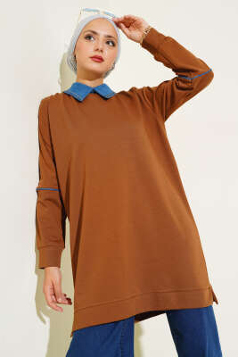 Pazarium - Yaka Taşlı İki İplik Tunik Taba