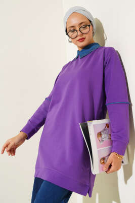 Pazarium - Yaka Taşlı İki İplik Tunik Menekşe